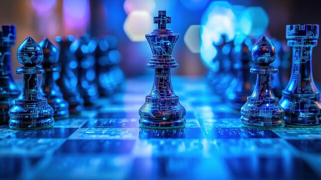 Close-up of digital-themed chess pieces, perfect for technological rivalry and cyber geopolitics concept. Cyber power, geopolitical rivalry, and ongoing tension between modern and traditional systems.