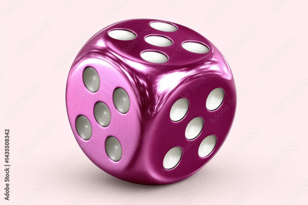 Fototapete closeup of glossy pink die showing number five with soft reflections and white dots on purple backgr