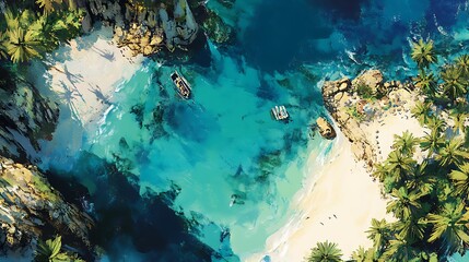 Secluded Tropical Beach Aerial View Turquoise Water Lush Greenery