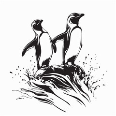 Penguins Standing on Coastal Rock with Sea Waves in Background Vector