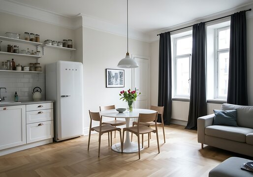 A bright and airy apartment interior with a smeg refrigerator and round dining table with flowers