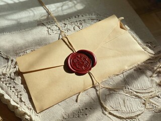 Envelope sealed with wax stamp lying on cotton table runner Vintage communication