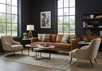 A living room with a brown leather couch, two armchairs, and a view of a city through windows