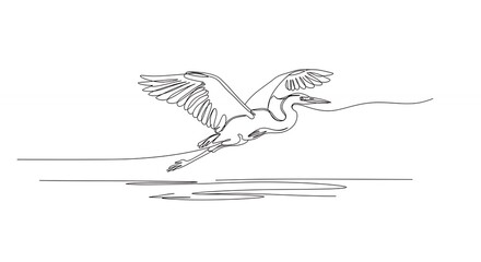 Graceful heron in flight line art drawing