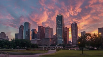 Obraz premium Skyscrapers in the city skyline at sunset stock photo --ar 16:9 --raw --v 6 Job ID: 2d2ba719-4de2-4b10-b79c-198af7be22a4