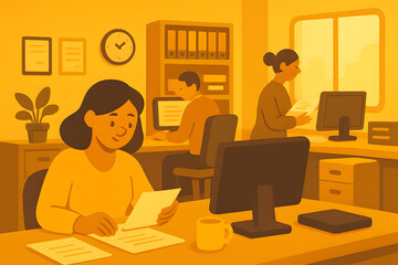 Fototapeta premium Office at work: Capturing the essence of office culture through a simplified visual language. Depicting people in their work environment with minimalist shapes.