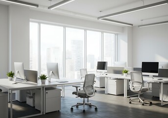 A bright and modern office space with desks chairs computers and large windows offering city views