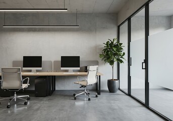 Fototapeta premium A modern office space with desks computers chairs and a large potted plant near glass partitions