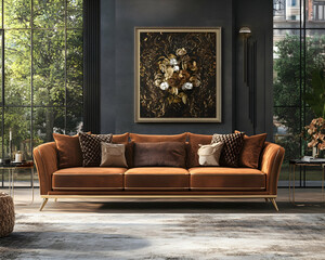 Luxurious brown velvet sofa in a modern living room with large windows and elegant decor.  Perfect for upscale interior design websites or magazines.