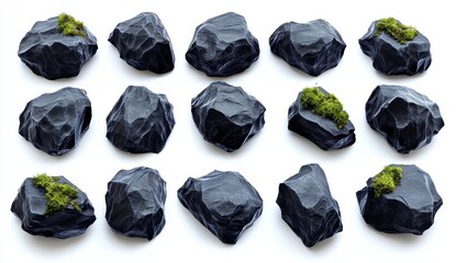 Collection of Gray and Dark Gray Rocks with Green Moss, Isolated on White Background
