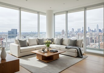 Fototapeta premium A bright living room with a white sectional sofa and a city view through large windows in a high rise