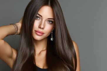 Fototapeta premium Beautiful woman with long, shiny, straight hair, a perfect hairstyle and makeup, posing against a gray background