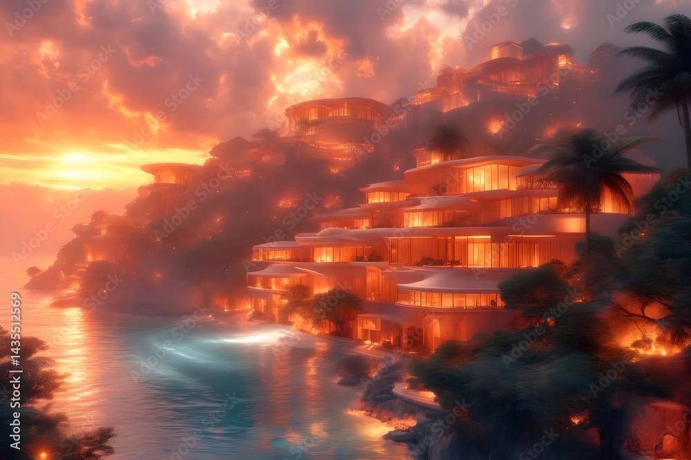 Aufkleber オレンジ色の夕焼け空の下に広がる豪華リゾートの島 夕暮れ時の海辺にそびえ立つ建築物 光と影のコントラスト 幻想的な風景