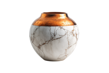 Round marble vase with vivid copper top, veined in brown, combining natural elegance with metallic contrast, isolated on a transparent background