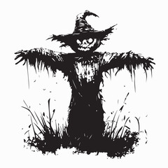 Obraz premium A spooky scarecrow with glowing eyes stands in a cornfield at dusk vector image.