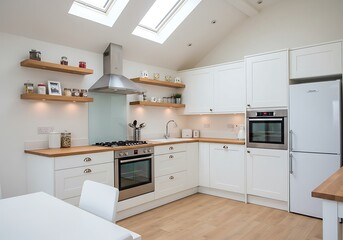 Fototapeta premium A bright kitchen with white cabinets wooden countertops and open shelves under skylights in a home
