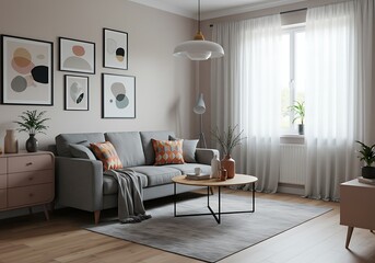 Fototapeta premium A living room with a gray sofa, a round coffee table, and abstract art on the wall in daylight