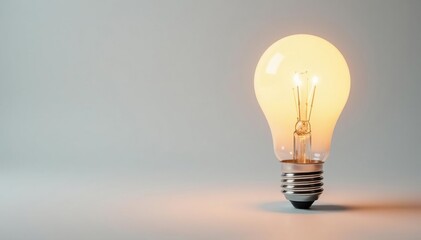 Single lightbulb, glowing brightly on pure white background, filament, invention, glass