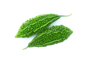 Fresh Bitter melon (Momordica charantia L, Bitter cucumber) isolated on white background close up stacking