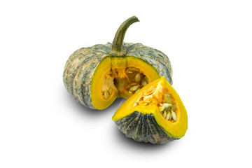 pumpkin on a white background, Fresh pumpkin fruit half and  a quarter sliced isolated on white background with closed up.
