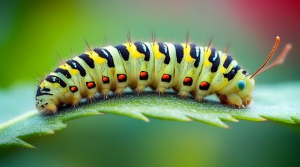 Naklejka premium Close-up view of a vibrant caterpillar on a leaf.
