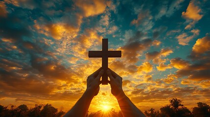 Silhouetted hands hold a wooden cross against a vibrant sunset