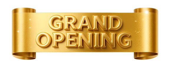 Gold ribbon banner, grand opening text isolated on a pure white background.