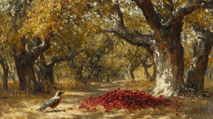 Autumn orchard feast bird cherries  golden trees