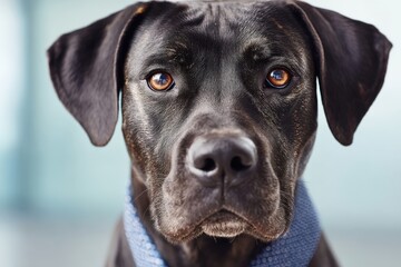 Chocolate labrador dog with strong build and gentle eyes looking directly into camera framed in studio light with subtle shadows and natural coat texture emphasized