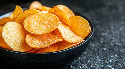 Crispy Potato Chips in a Black Bowl on Dark Background with Texture and Natural Light Accent