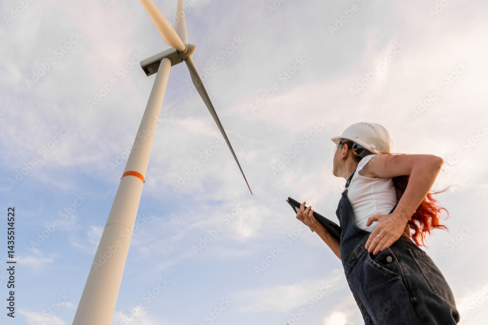 Poster a young female engineer studies a wind turbines design, analyzing its functions and harnessing renew