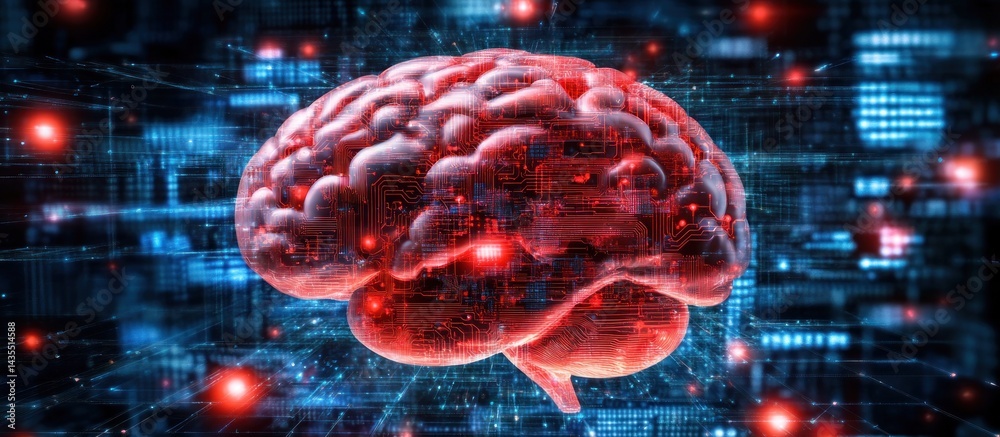 Poster artificial intelligence and data analytics represented by a brain connected to a network of circuits