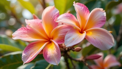Fototapeta premium Plumeria Blossoms: Delicate Pink and Yellow Tropical Flowers