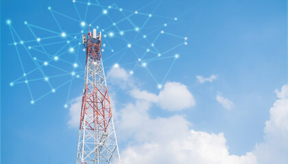 Telecommunication tower with digital network overlay on blue sky background, representing 5G...