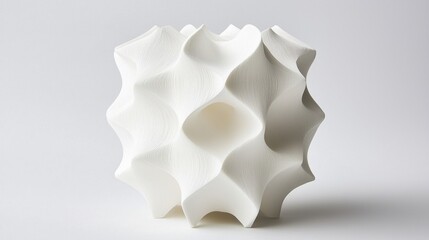 Abstract white sculpture with a textured surface and a central opening.