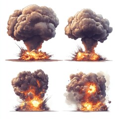 Nuclear explosion, fire, and smoke in different stages of impact, isolated on a white backgroun