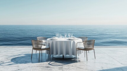 Elegant seaside dining table setup on marble terrace with ocean view under clear sky, luxury summer concept