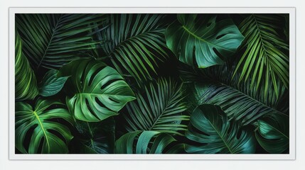 Tropical green leaves background with dark jungle foliage and palm patterns, nature botanical wall decor
