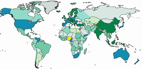 Fototapeta premium A colorful world map highlighting different regions, possibly indicating various data or statistics based on geographic location.