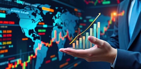 A professional hand holding a rising graph overlaying a world map, symbolizing financial growth and global markets.