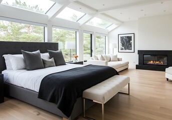 A bright bedroom with a bed, fireplace, and seating area under large windows and skylights above it all