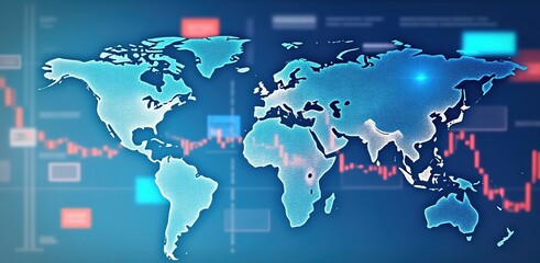 A digital world map overlayed with graphs and data, symbolizing global connectivity and analytics.