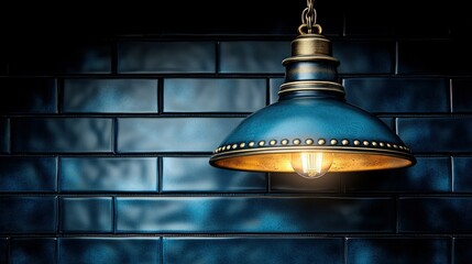 Obraz premium Blue Tile Light Edison bulb shines on textured subway tiles moody ambiance