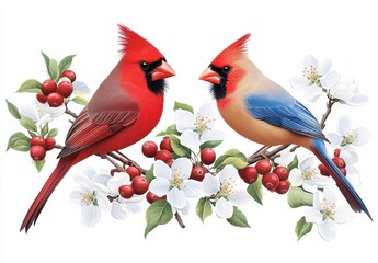 Two Colorful Birds Perched on a Branch with White Blossoms and Red Berries