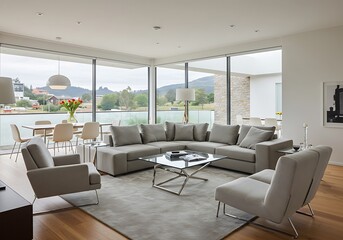 Fototapeta premium A modern living room with large windows, gray sectional sofa, and contemporary furniture design style