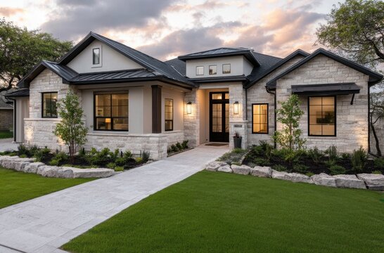 the front view of a modern, single-story home in Leander, Texas, with green grass and a tree-lined driveway, sunset lighting