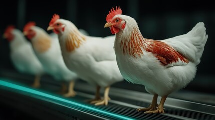 Fototapeta premium Four white chickens standing in a line, farm setting with a rustic background, showcasing vibrant plumage and lively demeanor.