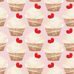 Seamless pattern for kitchen decor and more. Delicious cupcake with whipped cream and caramel heart. Vector cartoon illustration of sweet food.