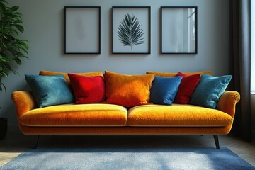 Fototapeta premium Colorful contemporary living room arrangement with decorative art pieces.