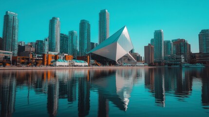 Naklejka premium Modern city architecture and its reflection in blue water is visible